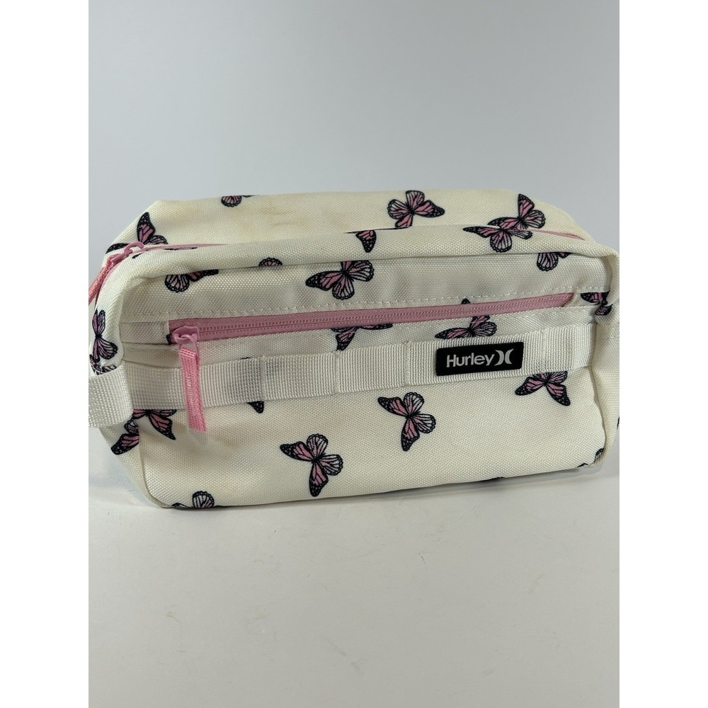 Hurley Travel Loaf Cosmetic Makeup Bag Case Butterfly Print Handle Pink Zipper